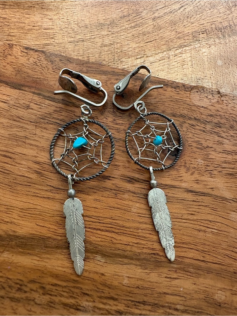 Vintage Sterling Silver Dreamcatcher Feather Dangle Clip-On Earrings
